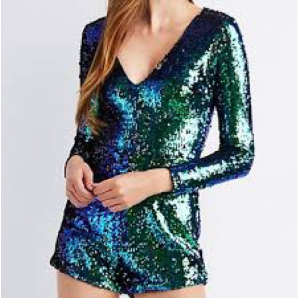 Charlotte Russe Sequin Romper Long Sleeve blue green shorts S